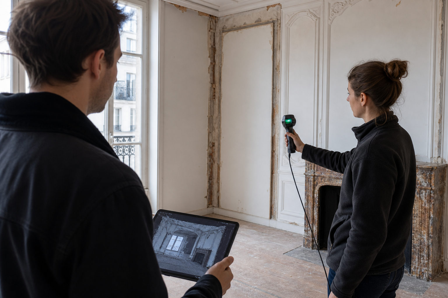Technicien BRAVOTRAVO réalisant un relevé 3D avec le client